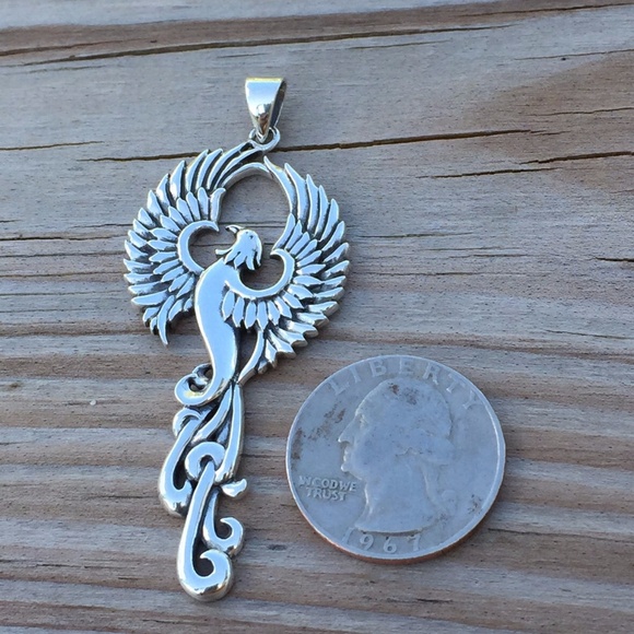 Large Phoenix Rising Pendant solid .925 Sterling Silver Peter Stone Fire Bird - Picture 4 of 10